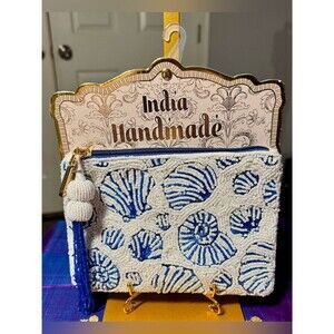 NWT India Handmade Blue White Beaded Seashell Zipper Pouch
